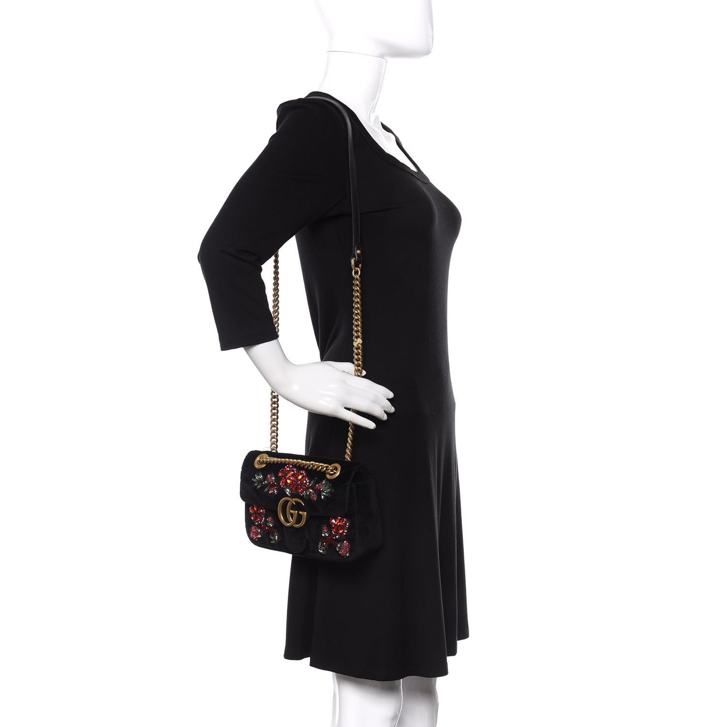 Velvet Matelasse Embroidered Mini GG Marmont Shoulder Bag Black