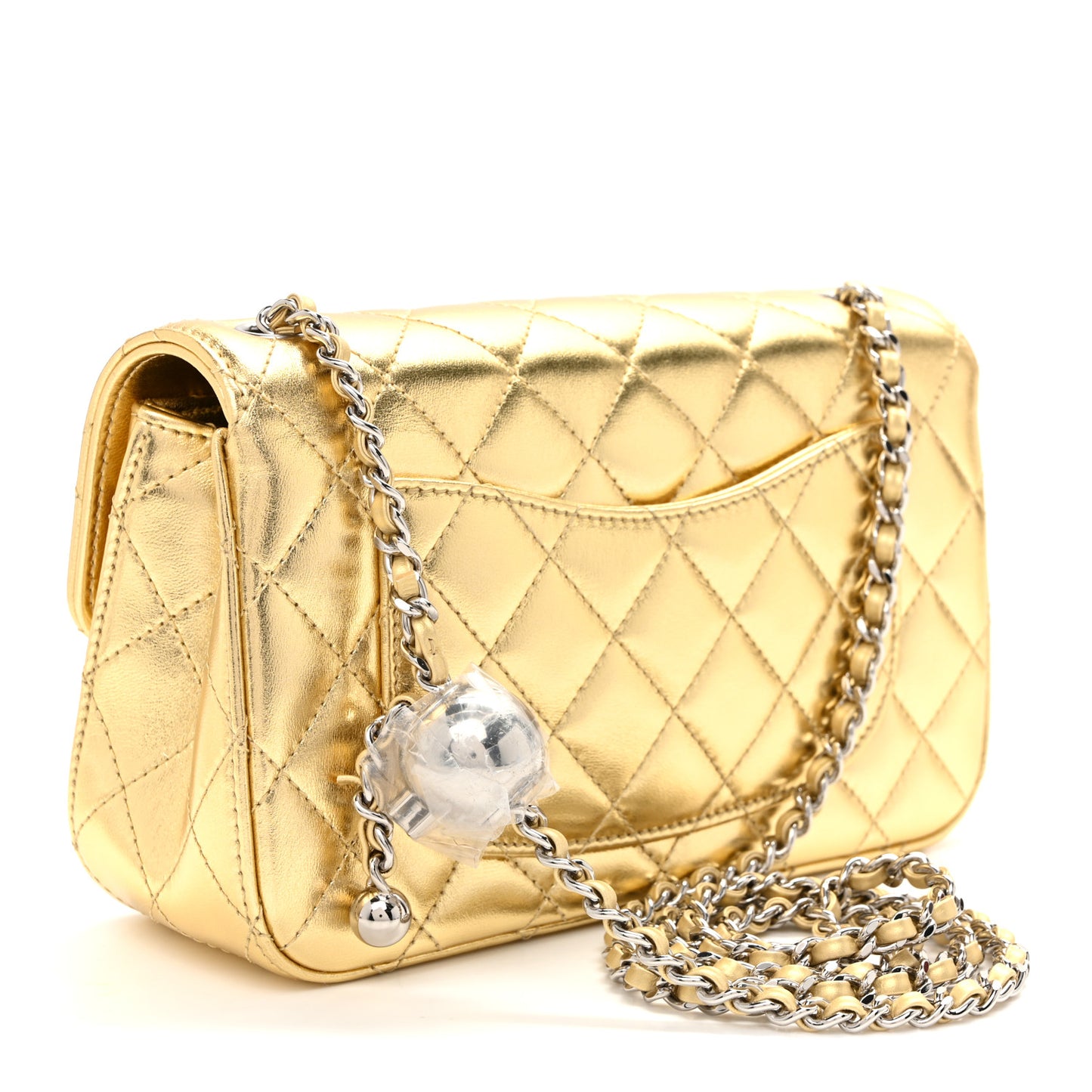 Metallic Lambskin Quilted Mini Rectangular Pearl Crush Flap  Gold