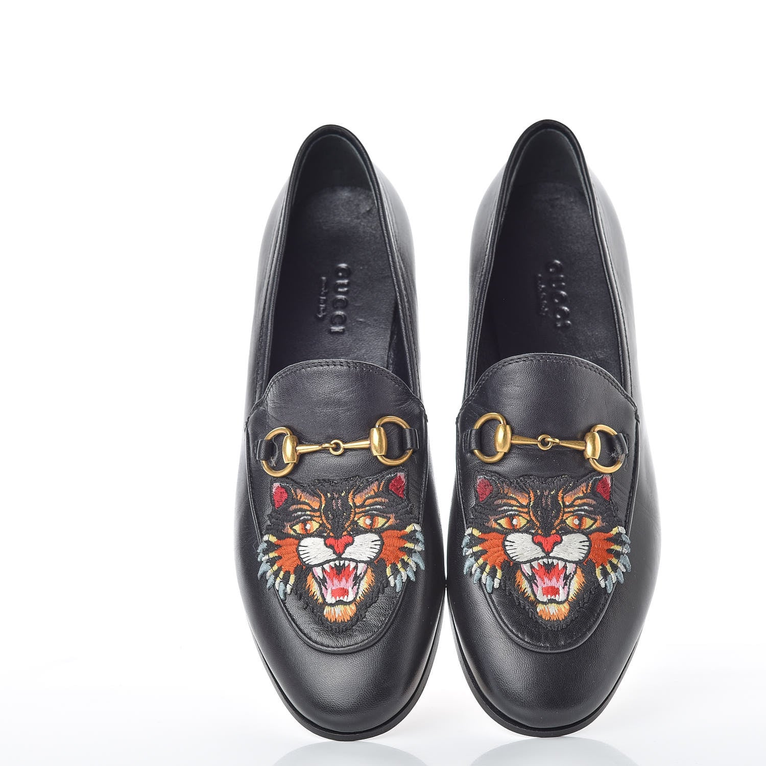 Gucci Goatskin Angry Cat Embroidered Womens Jordaan Loafers 36 Black 4 of 8