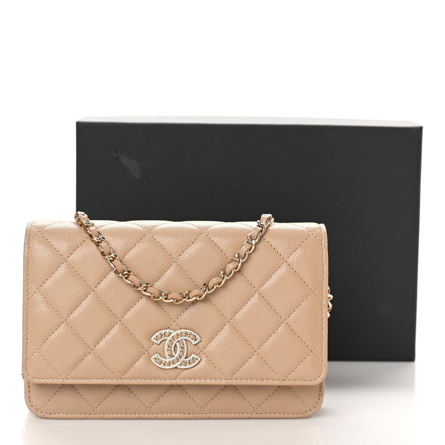 Caviar Quilted Crystal CC Wallet On Chain WOC Beige