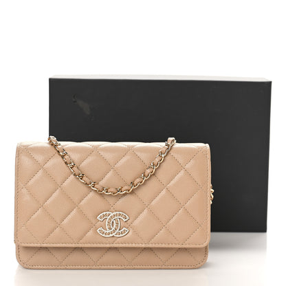 Chanel Caviar Quilted Crystal CC Wallet On Chain WOC Beige 8 of 10
