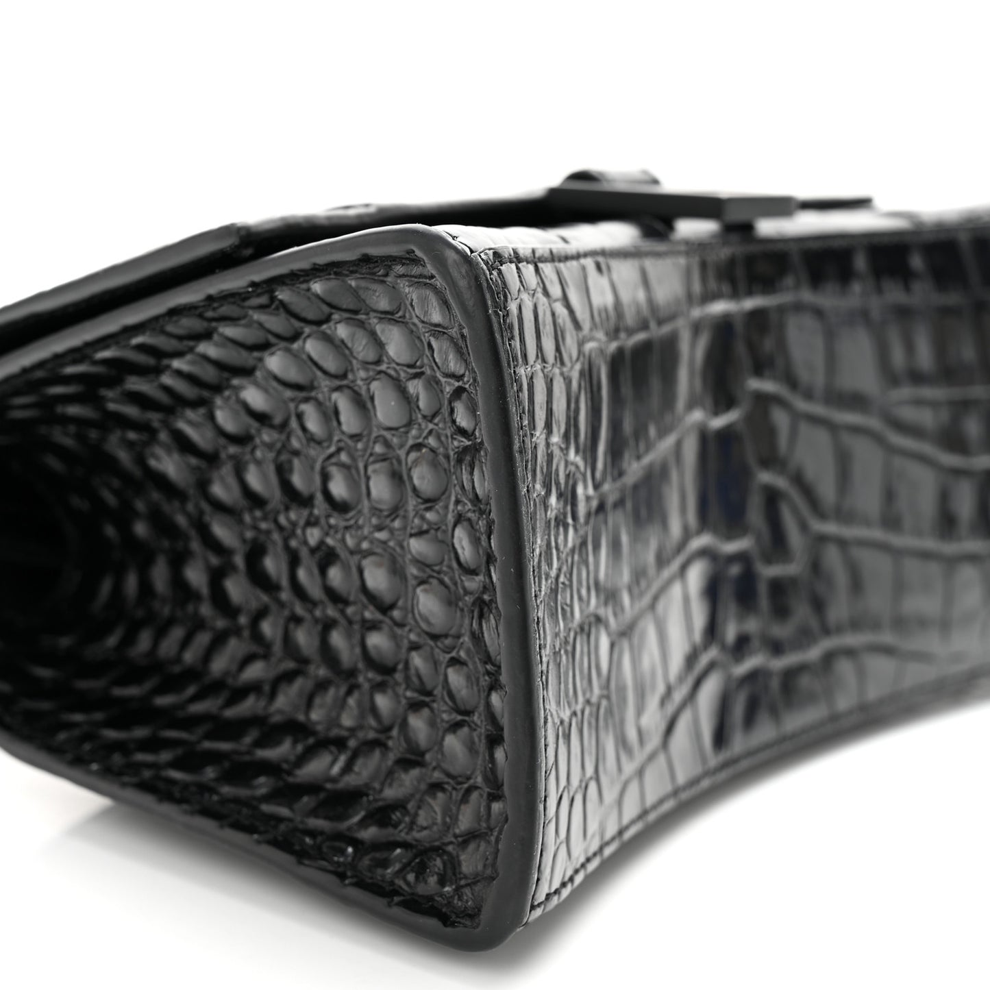 Shiny Calfskin Monochrome Crocodile Embossed Small Hourglass Top Handle Bag Black