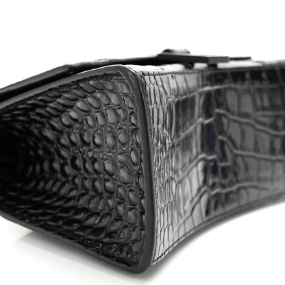 Balenciaga Shiny Calfskin Monochrome Crocodile Embossed Small Hourglass Top Handle Bag Black 9 of 11