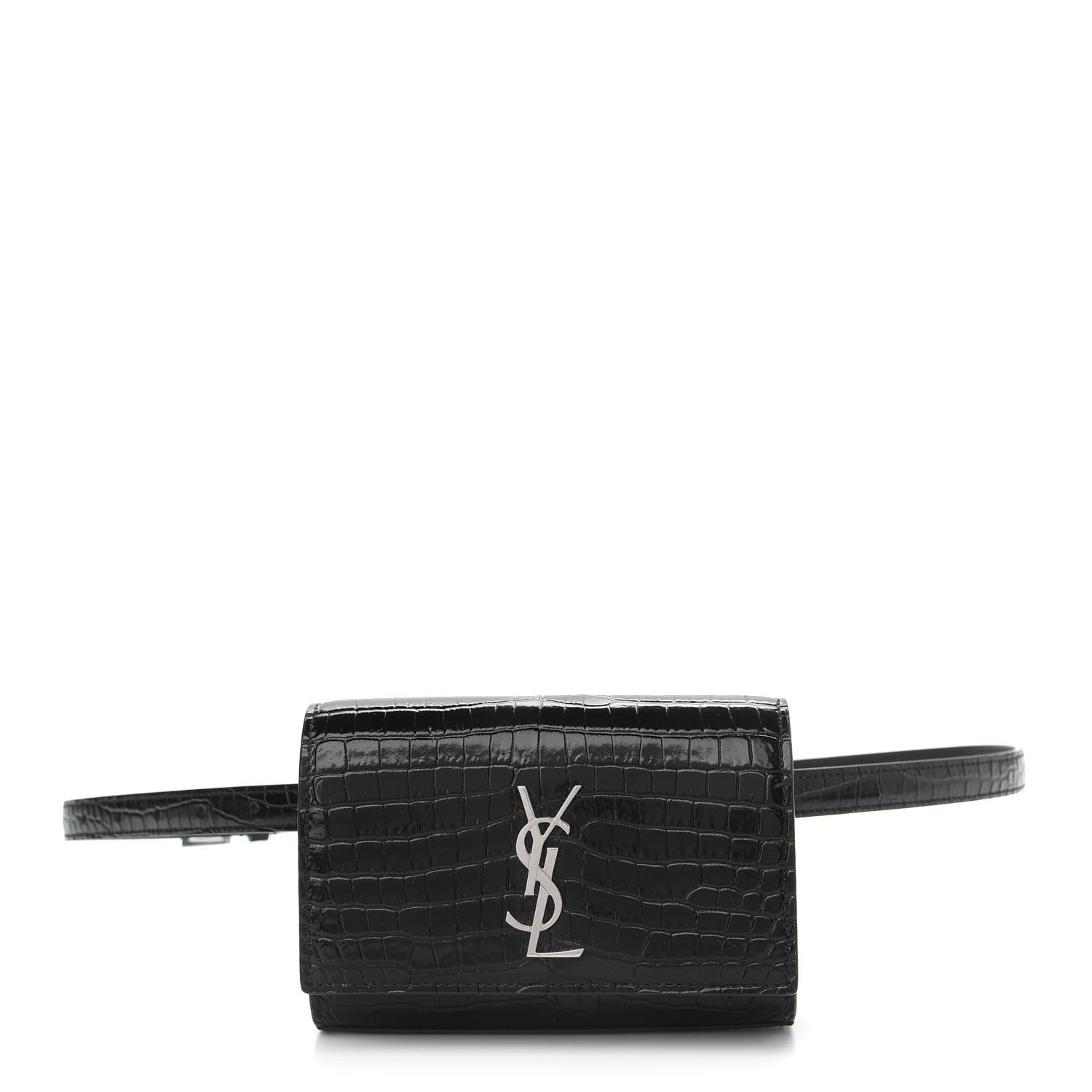 Saint Laurent Calfskin Crocodile Embossed Monogram Kate Belt Bag Black 1 of 8