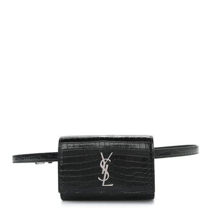 Saint Laurent Calfskin Crocodile Embossed Monogram Kate Belt Bag Black 1 of 8