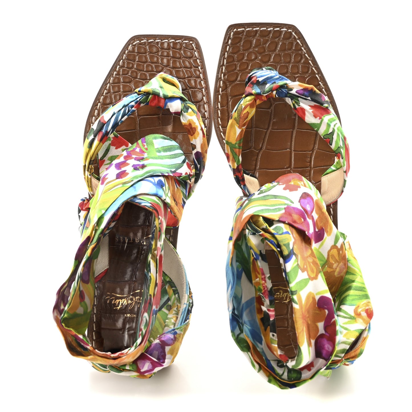 Calfskin Crocodile Embossed Crepe Satin Floral Niloofar Flat Sandals 38 Multicolor Biscotto