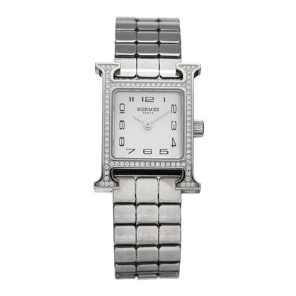 Hermes Stainless Steel Diamond Bezel Mother of Pearl 17.2mm Heure H Hour Quartz Watch 1 of 5