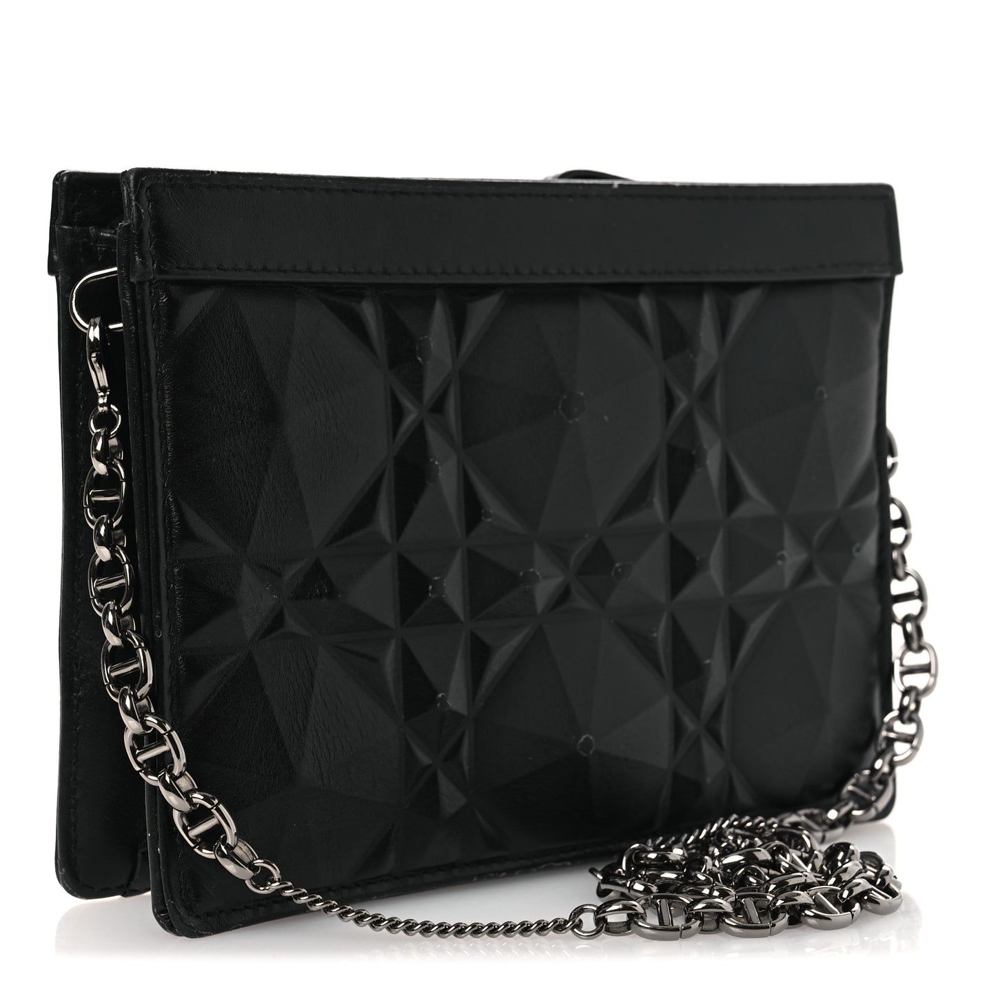 Calfskin Macrocannage Diamond Caro Zipped Pouch With Chain Black