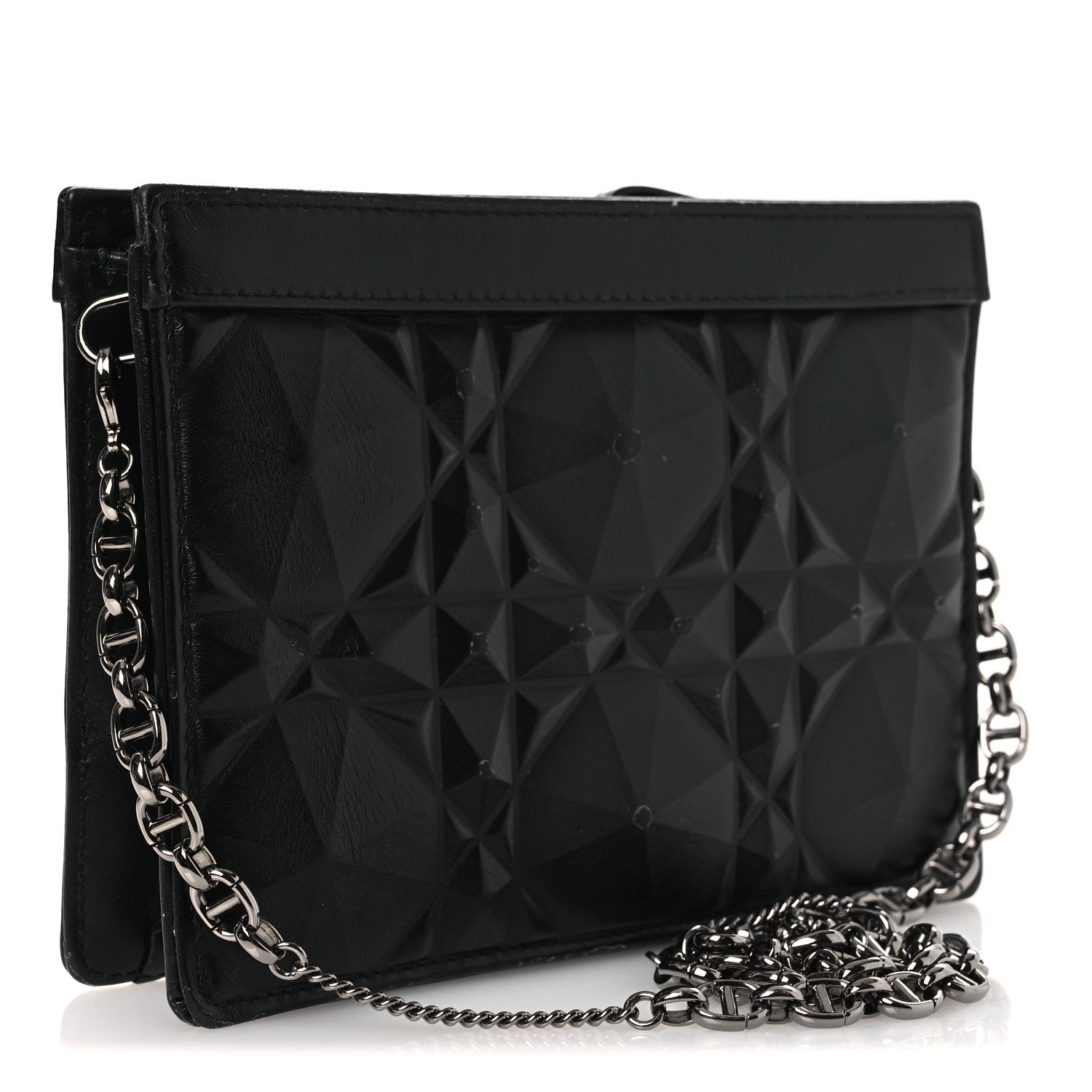 Christian Dior Calfskin Macrocannage Diamond Caro Zipped Pouch With Chain Black 3 of 13