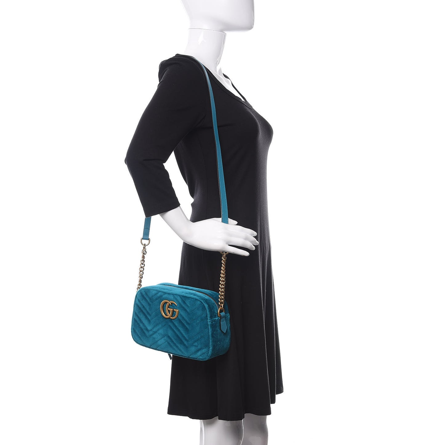Velvet Matelasse Small GG Marmont Chain Shoulder Bag Pavone Cyan