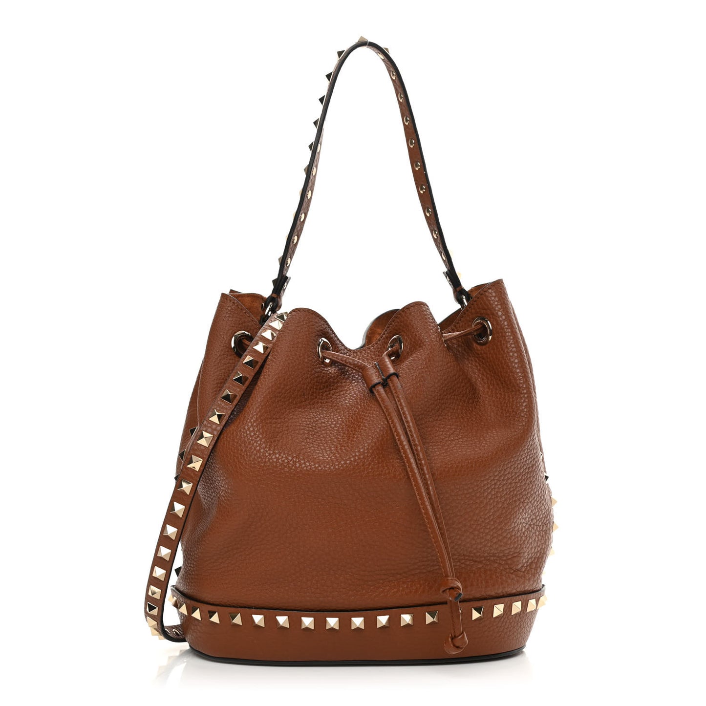 Grained Calfskin Rockstud Bucket Bag Saddle Brown