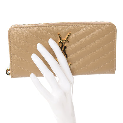Saint Laurent Grain De Poudre Matelasse Chevron Monogram Zip Around Wallet Dark Latte 2 of 7