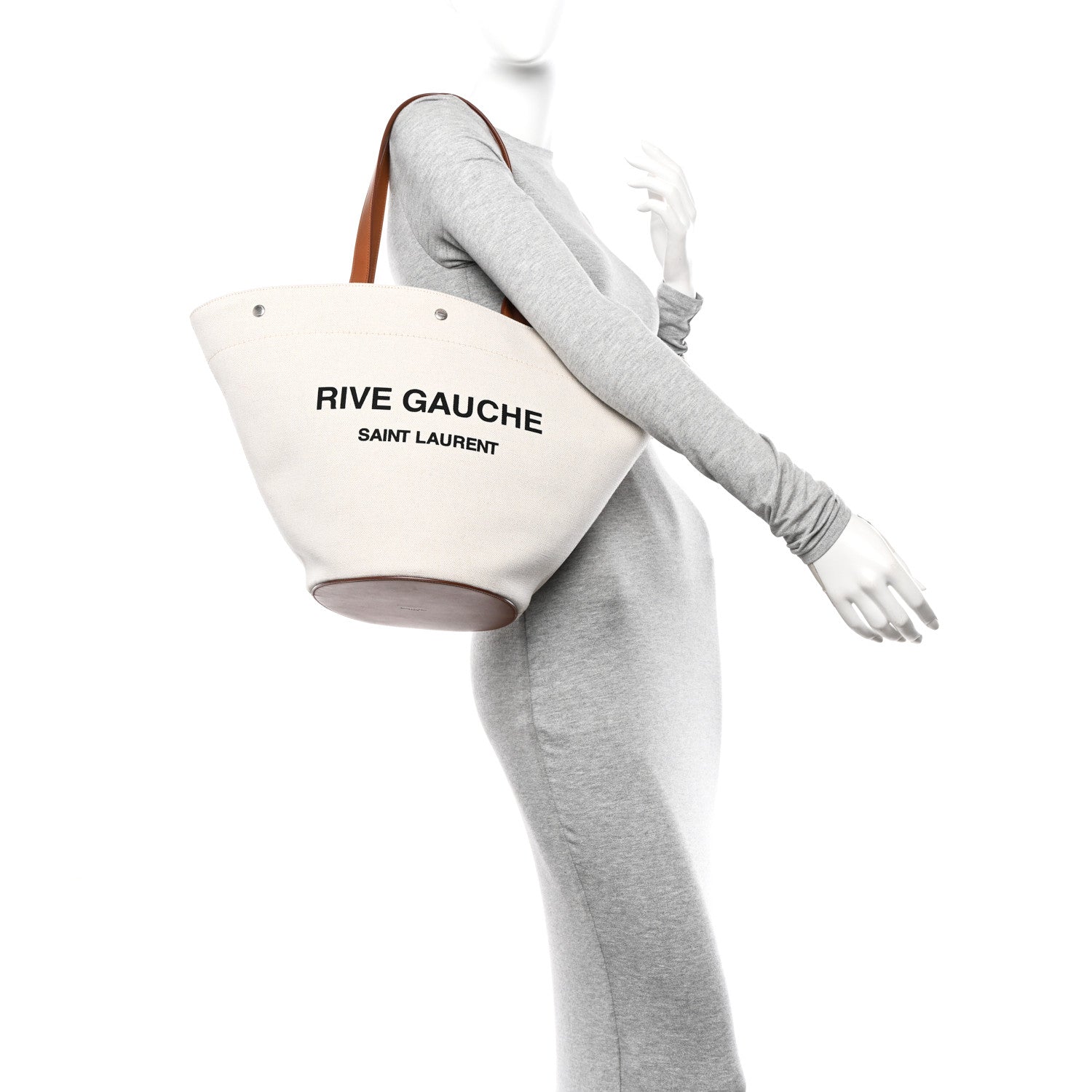 Saint Laurent Linen Calfskin Rive Gauche Basket Tote Optic White Tan 2 of 13