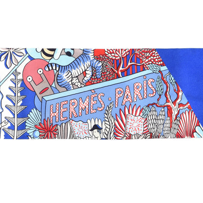 Hermes Silk Animapolis Maxi Twilly Slim Bleu Royal Rouge Ciel 3 of 4