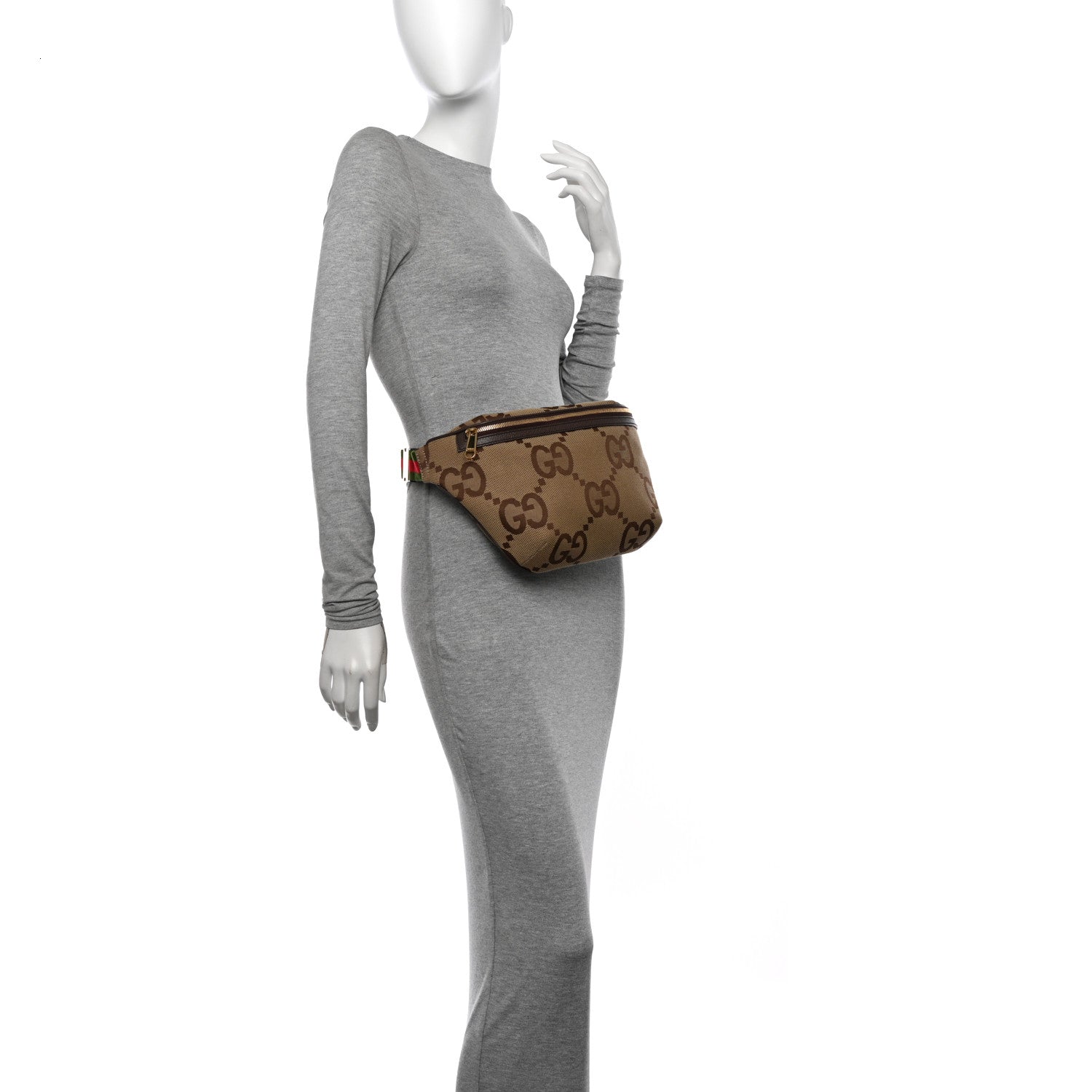 Gucci Monogram Jumbo GG Textured Dollar Calfskin Web Belt Bag Camel Ebony New Acero 2 of 11