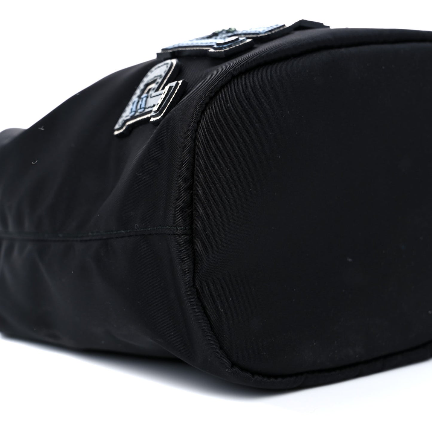 Saffiano Tessuto Nylon Vela Lettering Bucket Wristlet Black