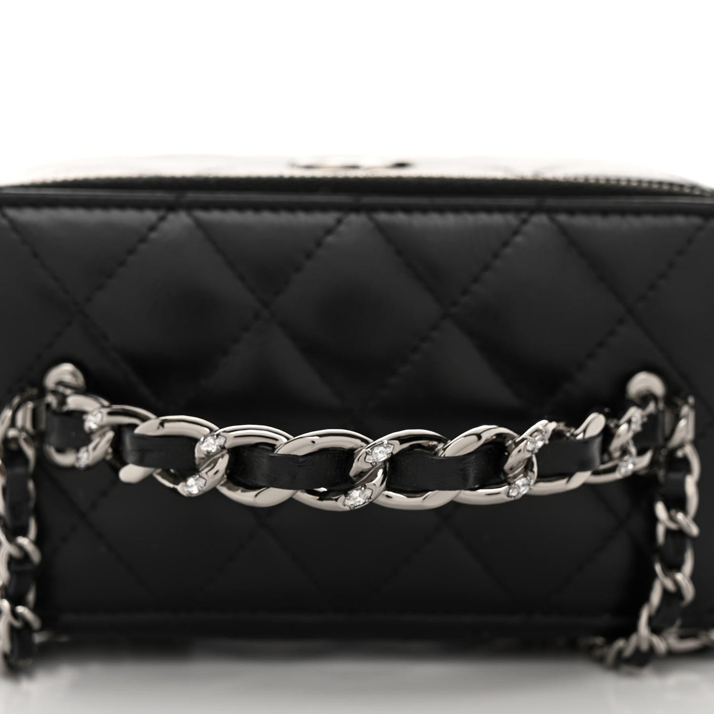 Shiny Crumpled Calfskin Crystal Quilted Precious Handle Vanity Case With Chain Black