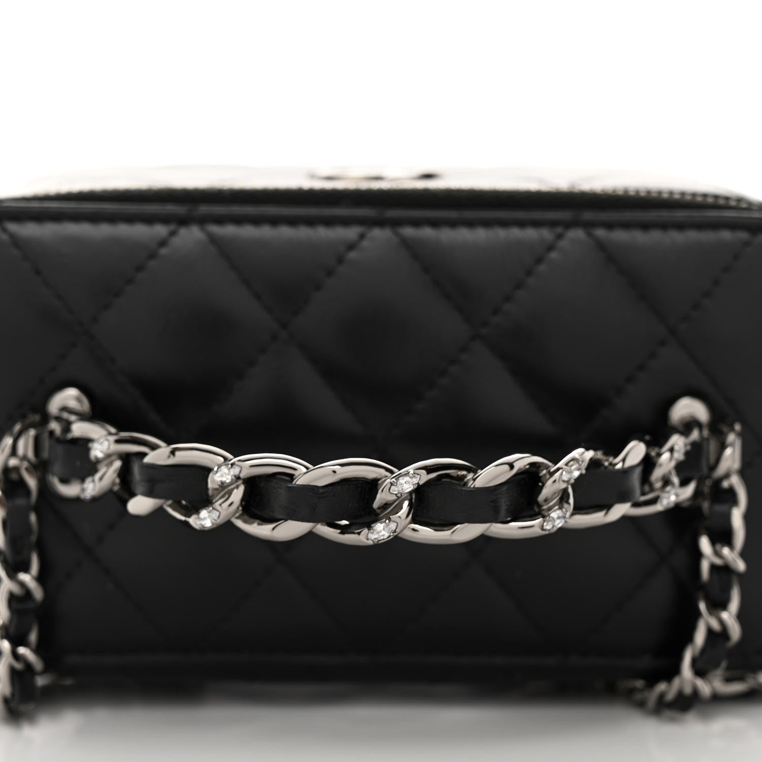 Chanel Shiny Crumpled Calfskin Crystal Quilted Precious Handle Vanity Case With Chain Black 11 of 11