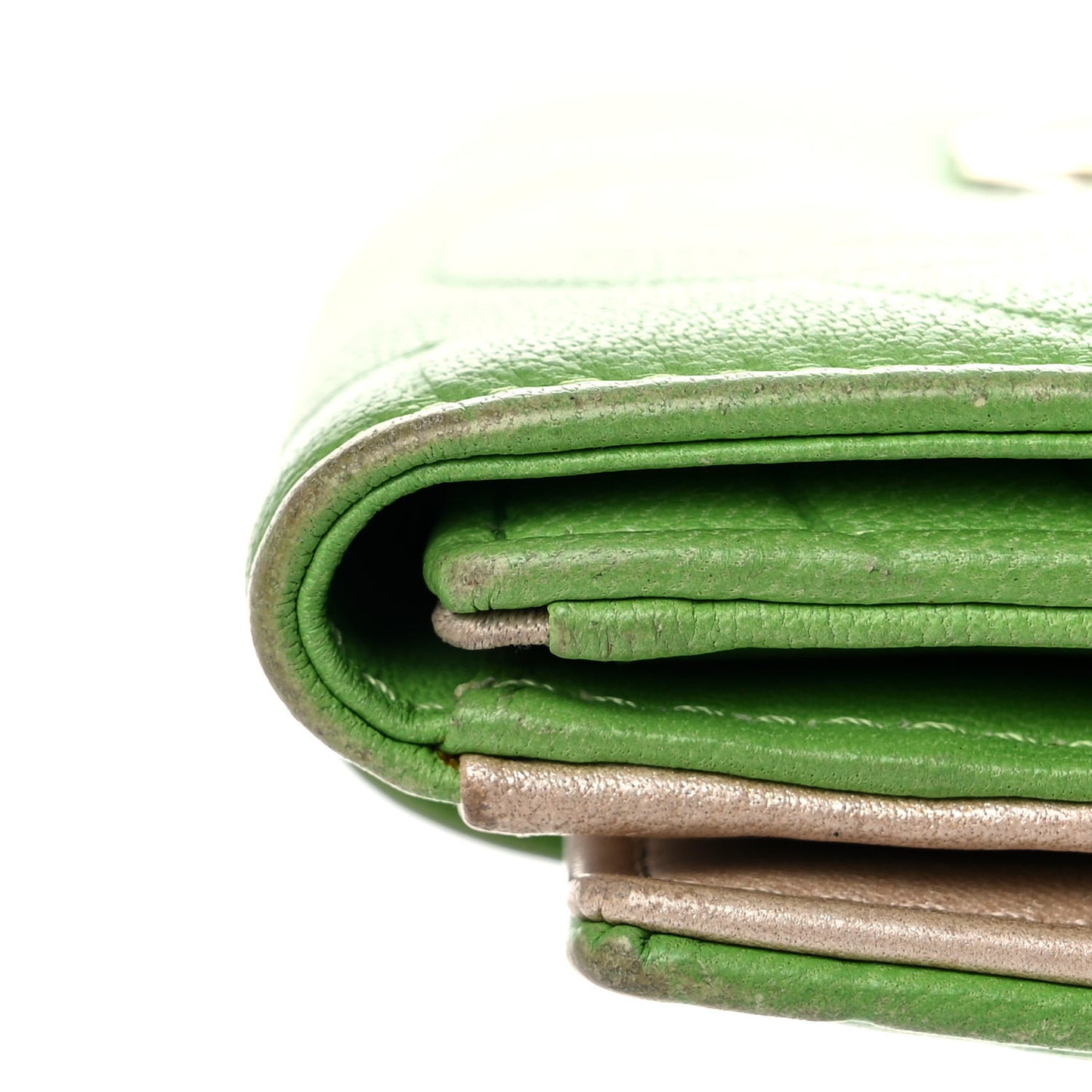 Lambskin Camellia Embossed Compact French Flap Wallet Green