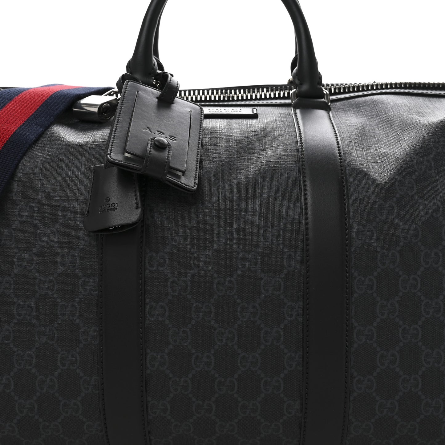 Soft GG Supreme Monogram Appia Calfskin Web Medium Carry On Duffle Bag Black Grey