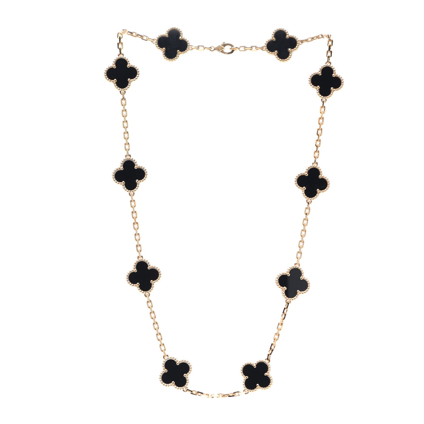 18K Yellow Gold Black Onyx 10 Motifs Vintage Alhambra Necklace