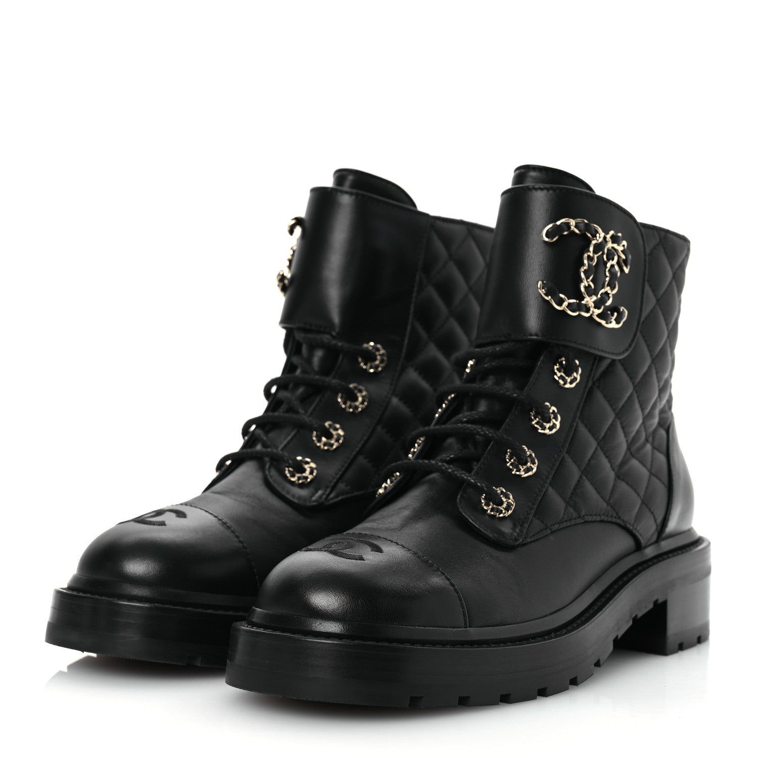 Chanel Lambskin Calfskin Quilted Lace Up Combat Boots 38 Black 4 of 10