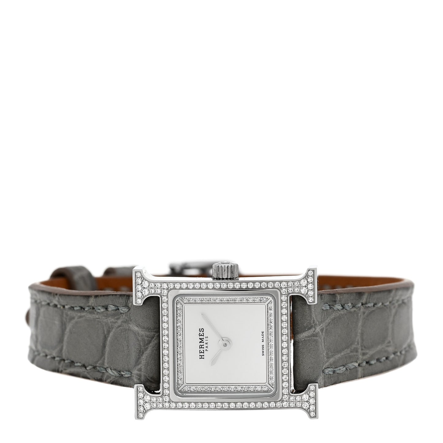 Stainless Steel Alligator Diamond Bezel Mother of Pearl 17.2mm Heure H Hour Quartz Watch Gris Perle