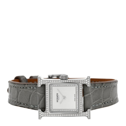 Hermes Stainless Steel Alligator Diamond Bezel Mother of Pearl 17.2mm Heure H Hour Quartz Watch Gris Perle 2 of 5