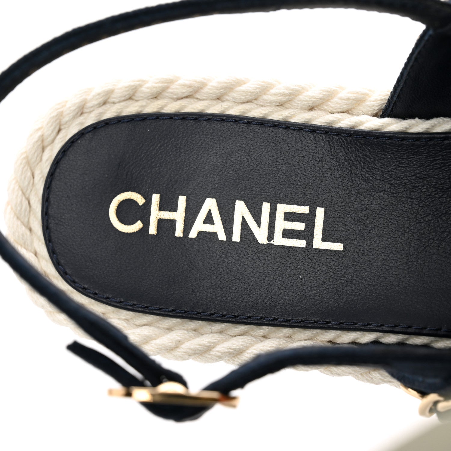 Chanel Lambskin Cotton Cork Printed Cap Toe Chain Mules Sandals 37 Navy White 7 of 9