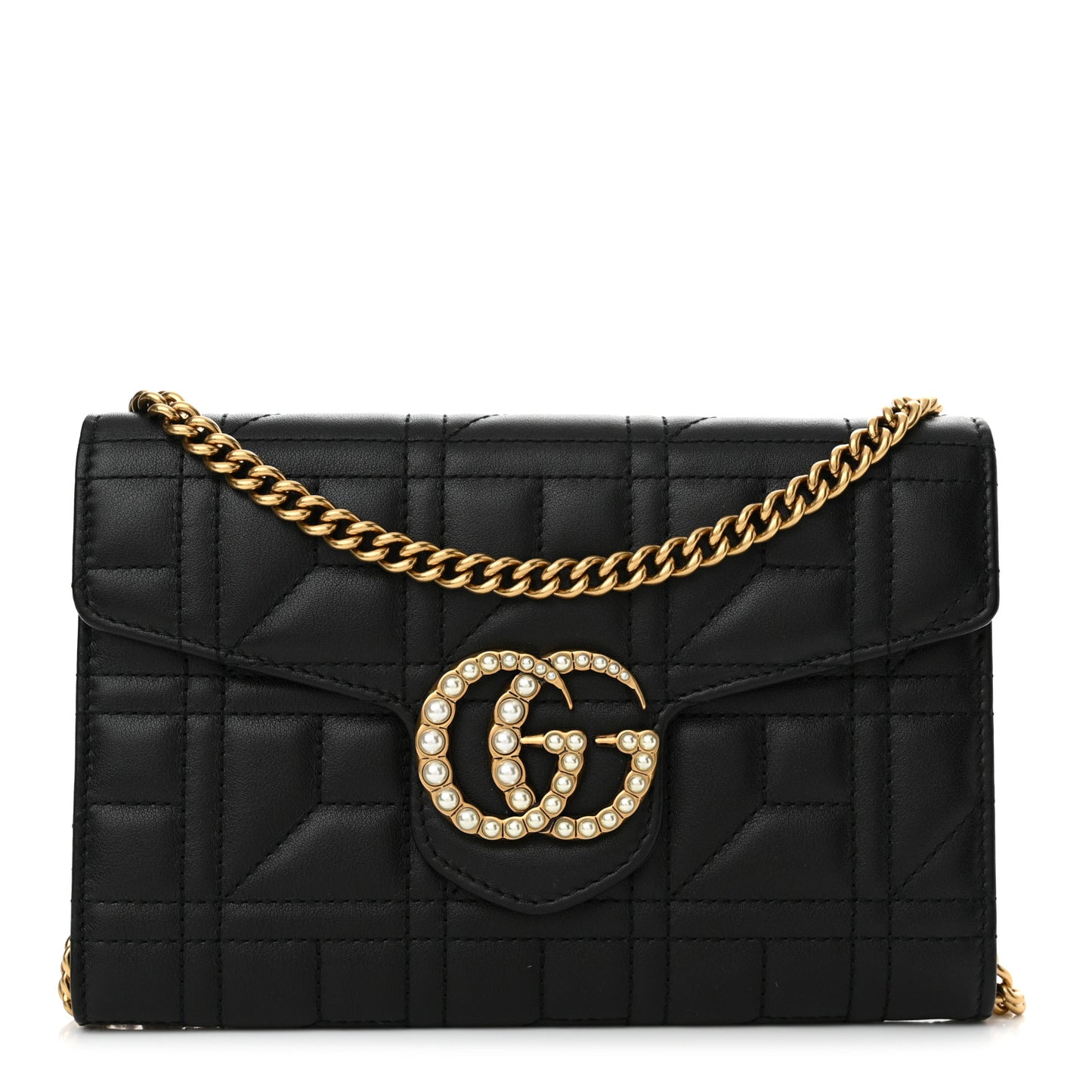 Calfskin Matelasse Mini Pearly GG Marmont Chain Wallet Black