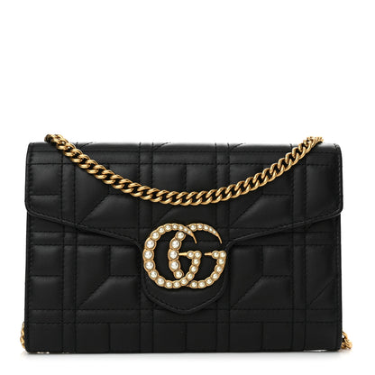 Gucci Calfskin Matelasse Mini Pearly GG Marmont Chain Wallet Black 1 of 11