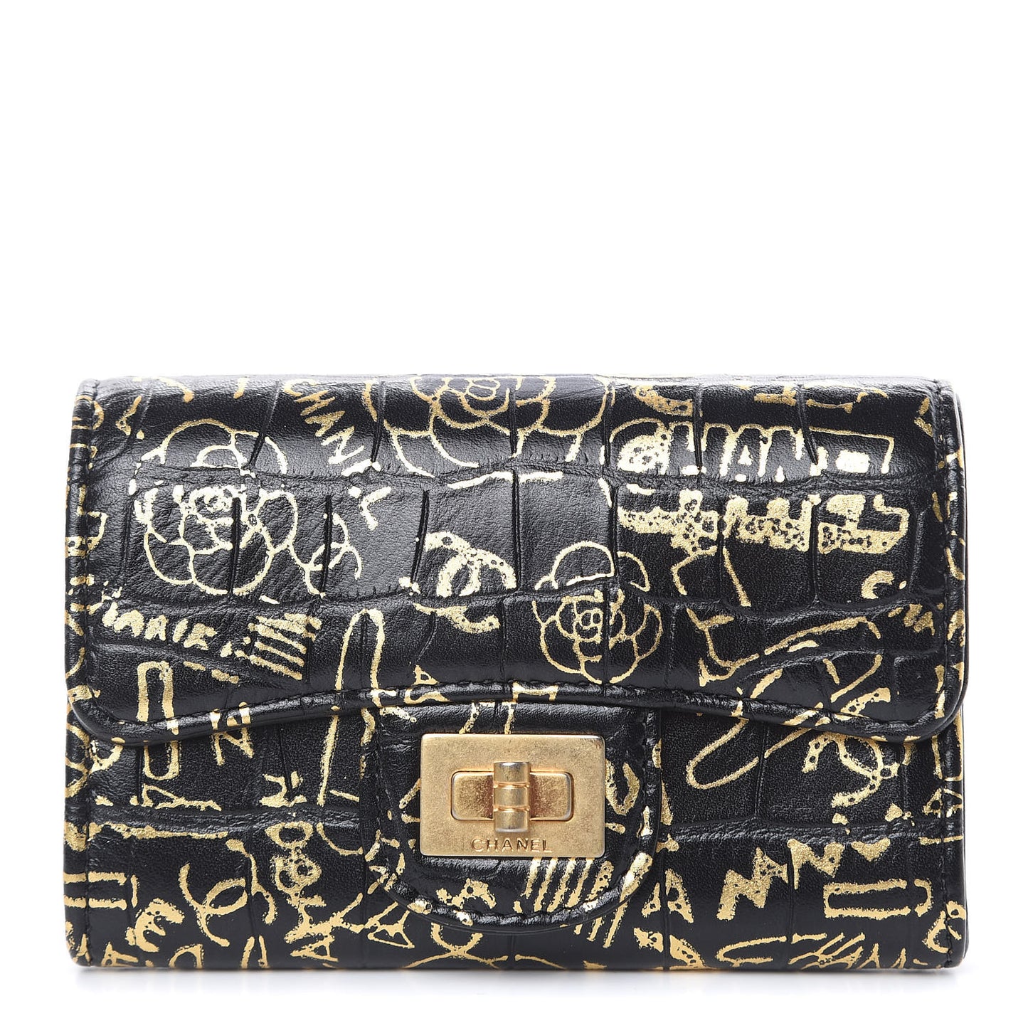 Calfskin Crocodile Embossed Graffiti 2.55 Cocodile Reissue Flap Card Holder Black Gold