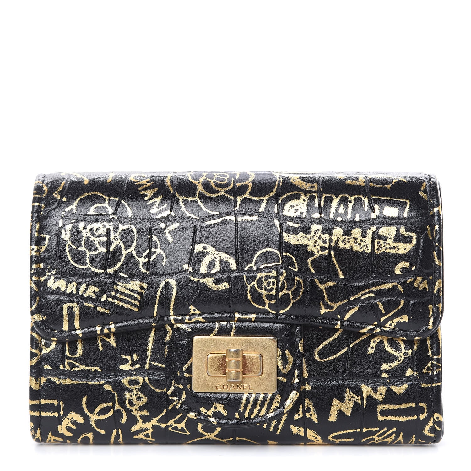 Chanel Calfskin Crocodile Embossed Graffiti 2.55 Cocodile Reissue Flap Card Holder Black Gold 1 of 9