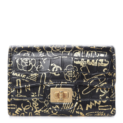 Chanel Calfskin Crocodile Embossed Graffiti 2.55 Cocodile Reissue Flap Card Holder Black Gold 1 of 9