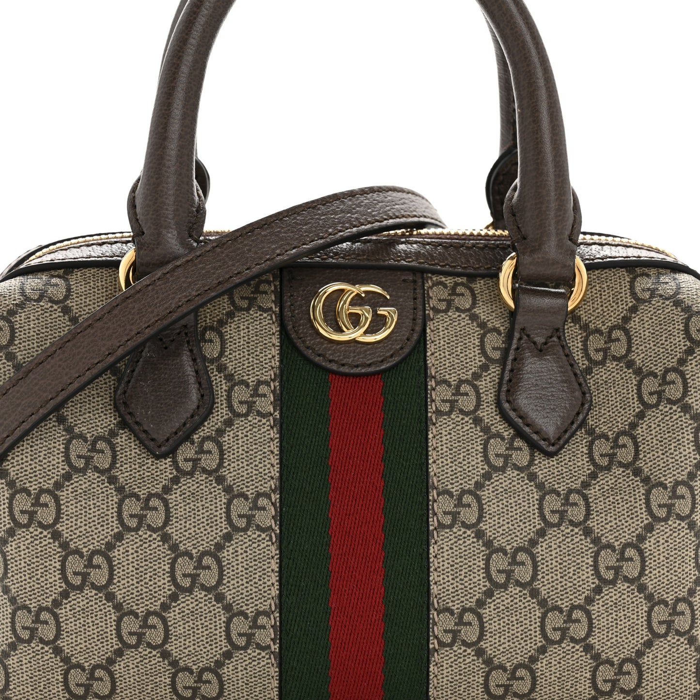 GG Supreme Monogram Textured Dollar Calfskin Web Mini Ophidia Top Handle Bag Beige Dark Brown