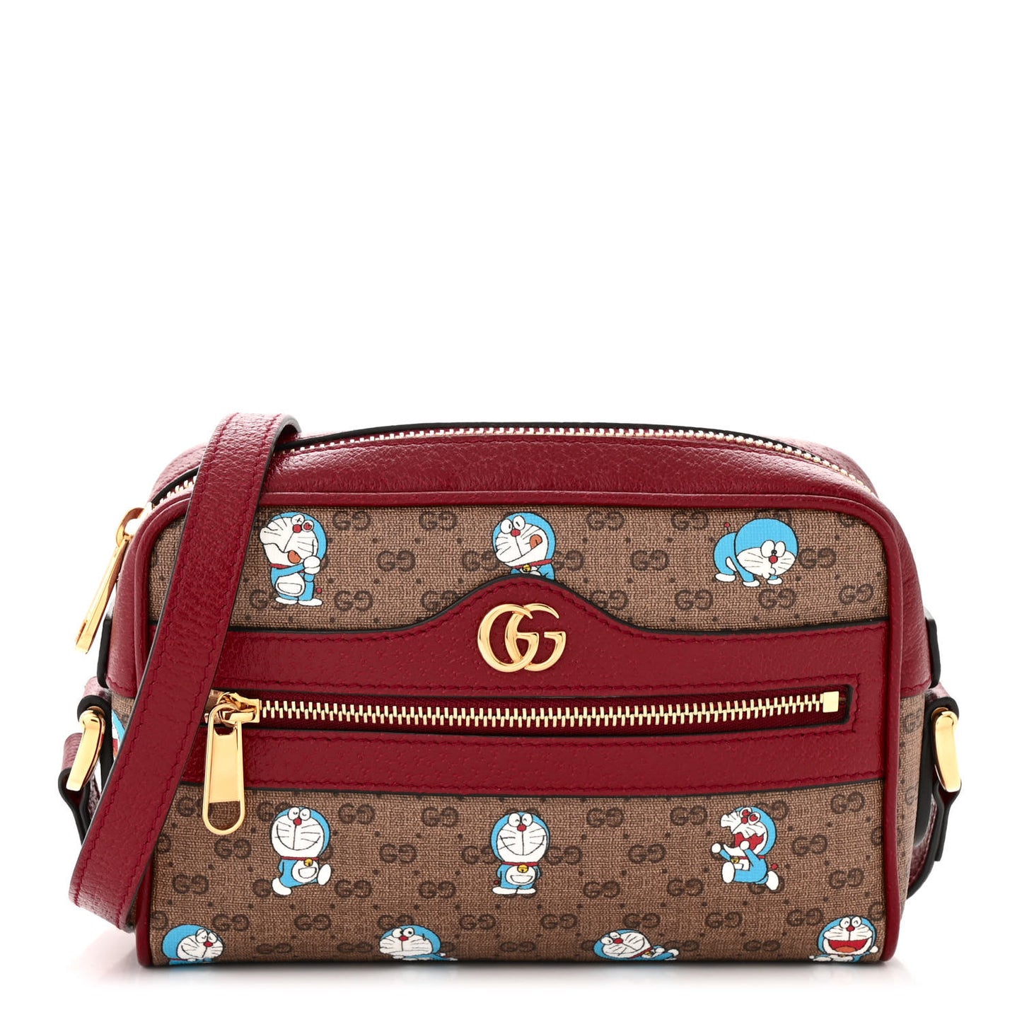 X DORAEMON Mini Vintage GG Supreme Monogram Camera Bag Beige Cherry Red
