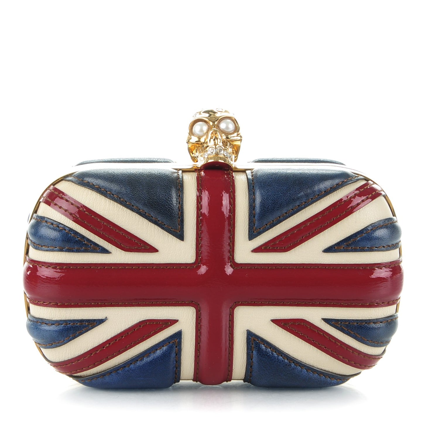 Patent Calfskin Britannia Skull Box Clutch Red Blue
