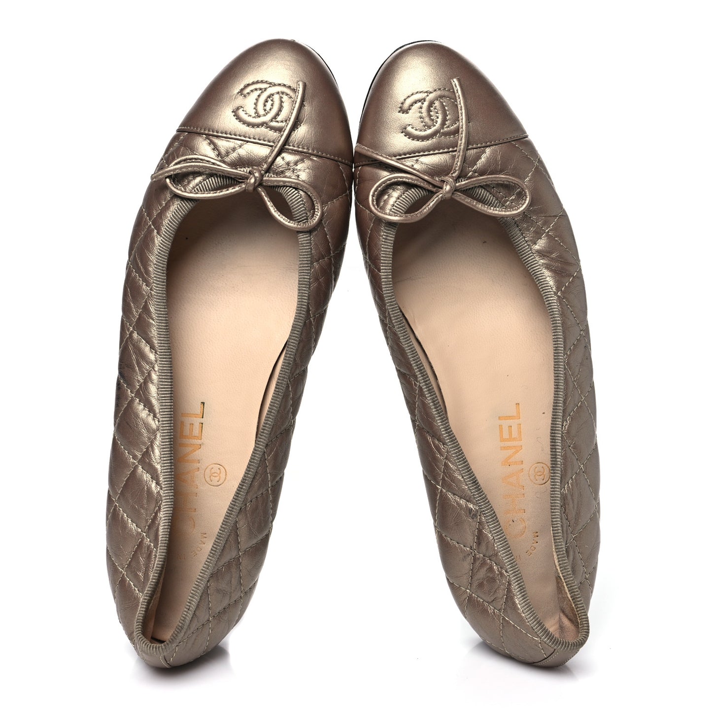 Metallic Aged Calfskin Quilted CC Cap Toe Ballerina Flats 38.5 Light Gold