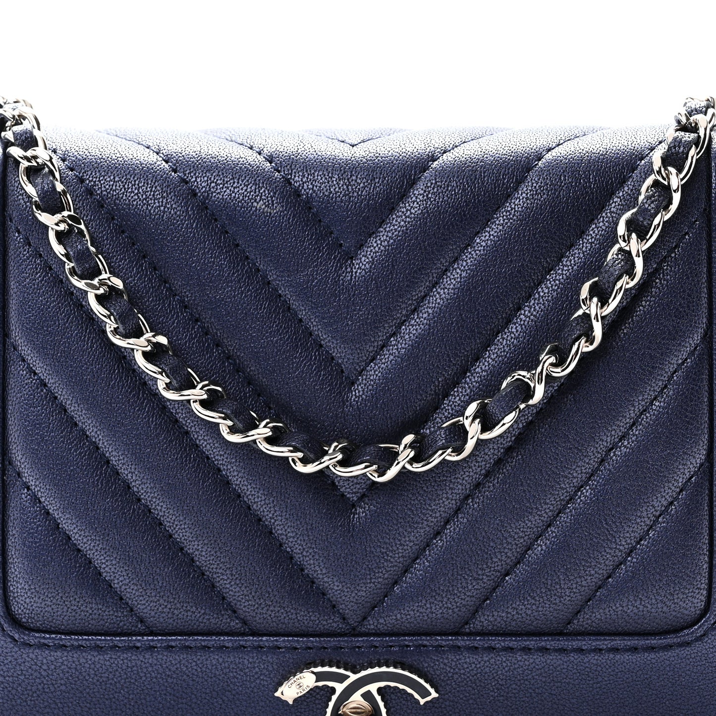 Metallic Sheepskin Chevron Quilted Vintage Mademoiselle Wallet On Chain WOC Navy