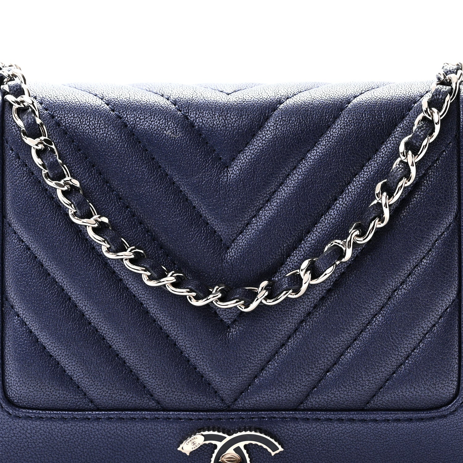 Chanel Metallic Sheepskin Chevron Quilted Vintage Mademoiselle Wallet On Chain WOC Navy 9 of 11