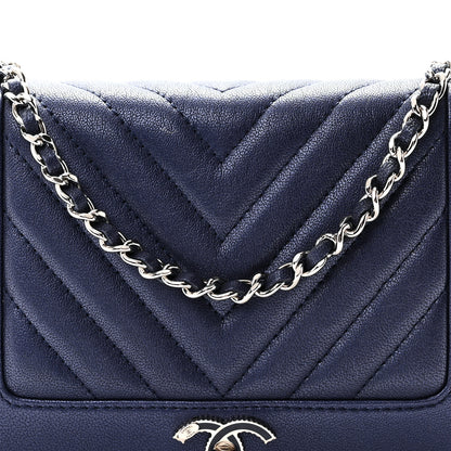 Chanel Metallic Sheepskin Chevron Quilted Vintage Mademoiselle Wallet On Chain WOC Navy 9 of 11