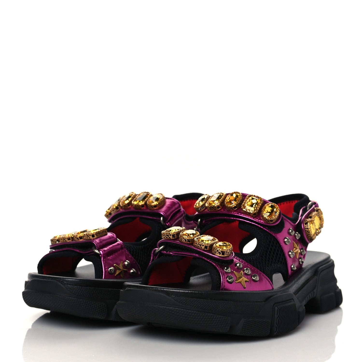 Gucci Nappa Mesh Crystal Embellished Studded Womens Aguru Sandals 36.5 Pink Black 3 of 8