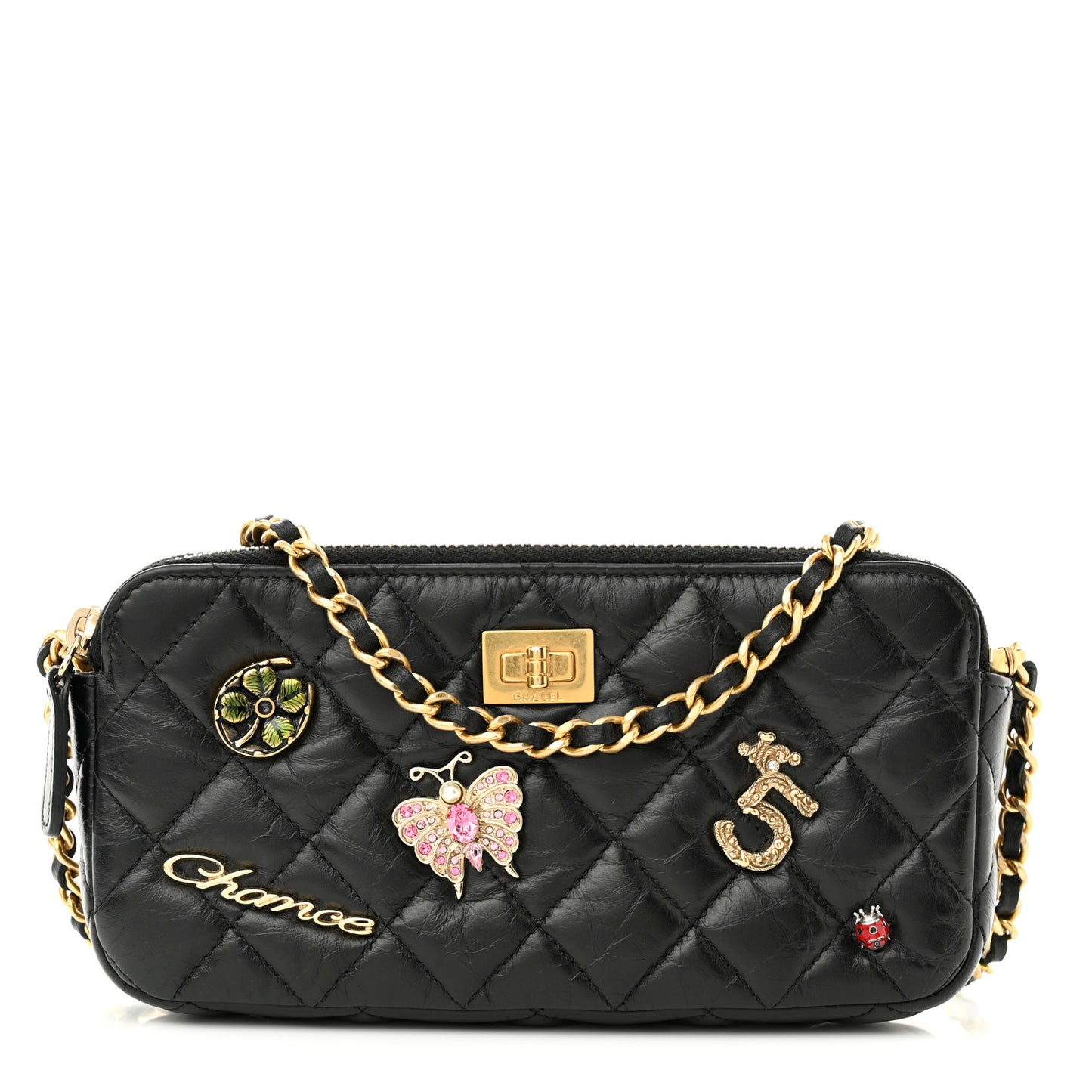 Aged Calfskin Lucky Charms 2.55 Reissue Small Clutch With Chain Black