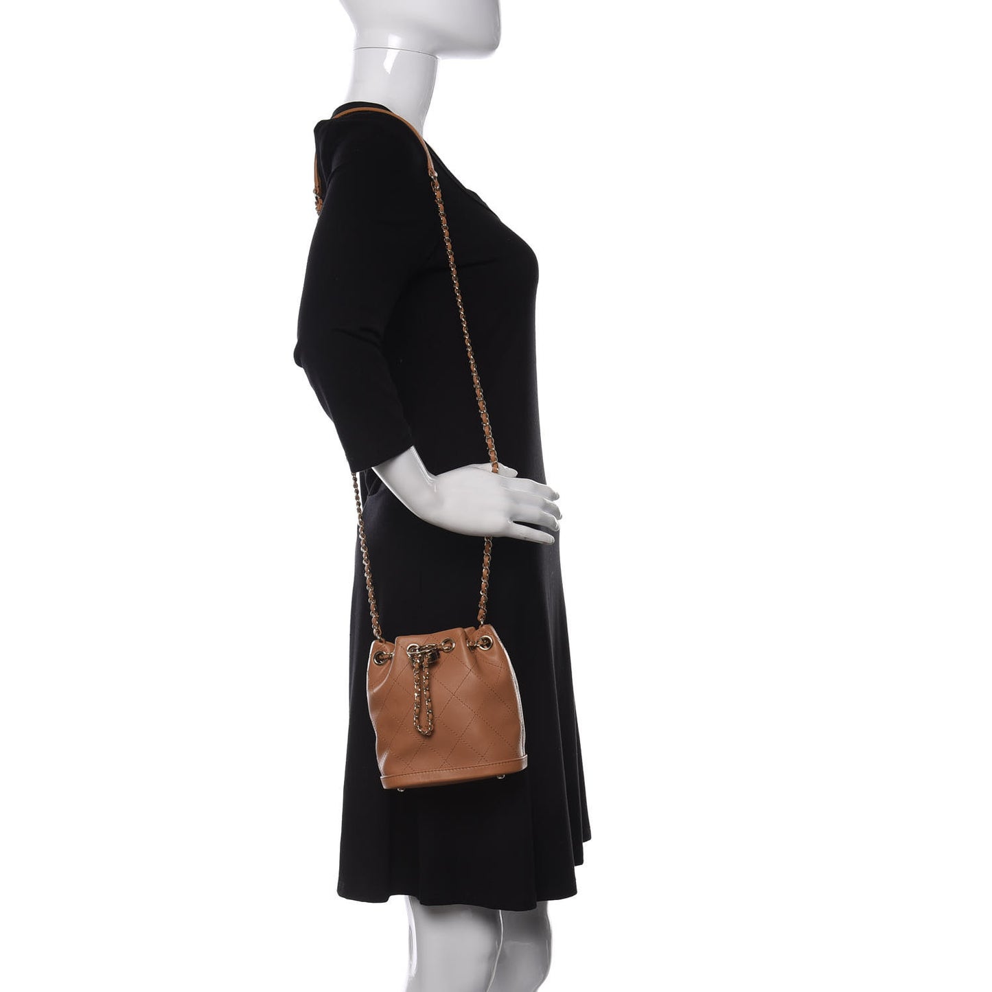 Calfskin Stitched Chain Bucket Bag Camel