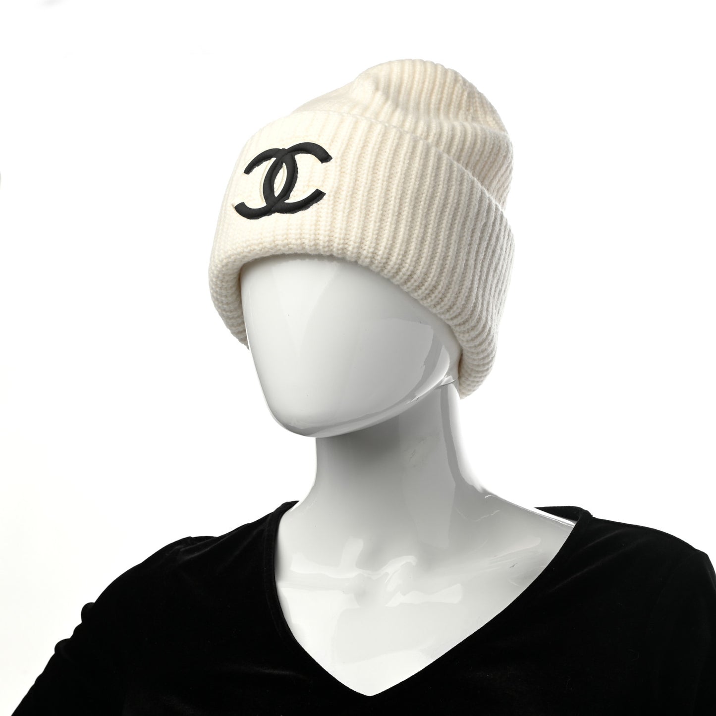 Wool Cashmere CC Beanie Hat White Black