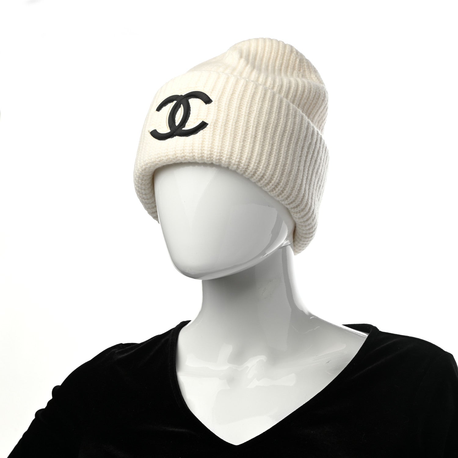 Chanel Wool Cashmere CC Beanie Hat White Black 2 of 4