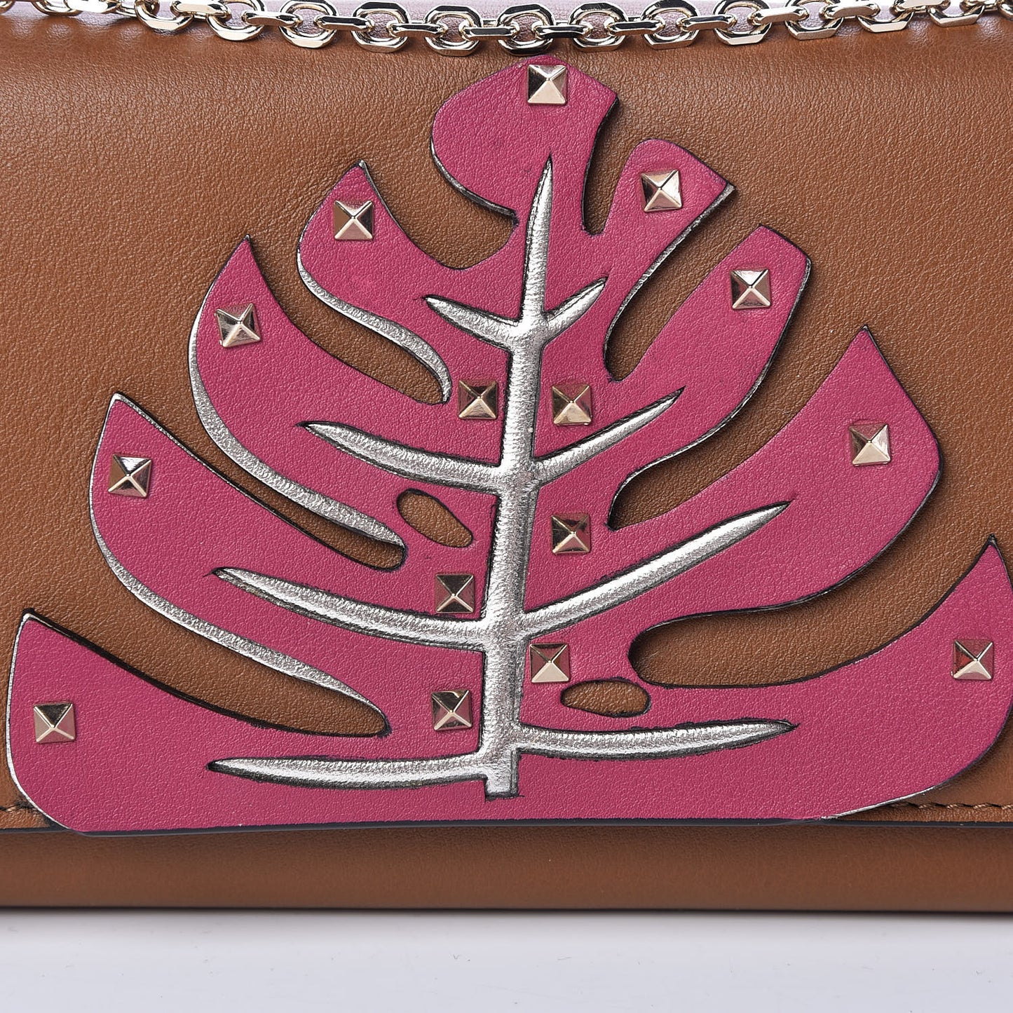 Calfskin Rockstud Tropical Dream Leaf Chain Wallet Flap Bag Tan