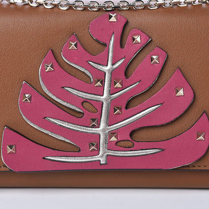 Valentino Garavani Calfskin Rockstud Tropical Dream Leaf Chain Wallet Flap Bag Tan 13 of 14