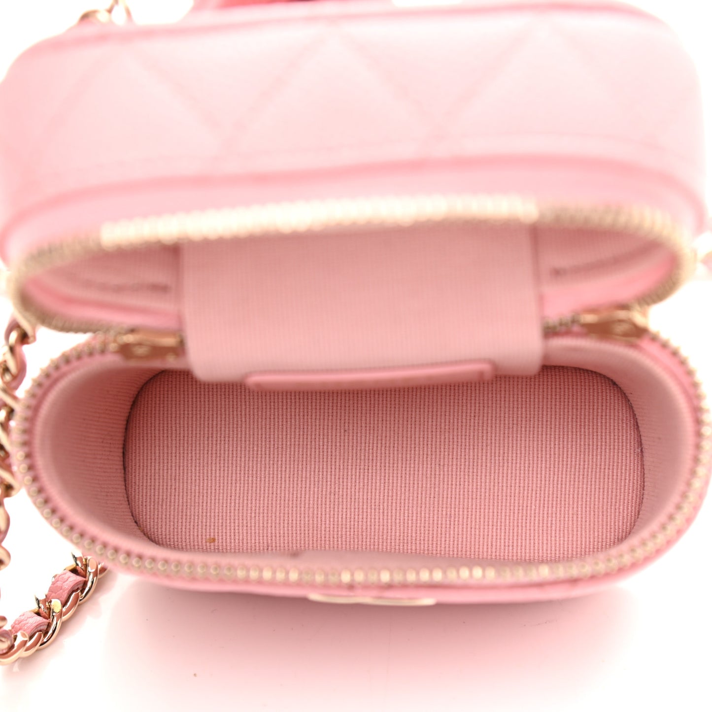 Caviar Quilted Small Handle With Care Vanity Case With Chain Pink