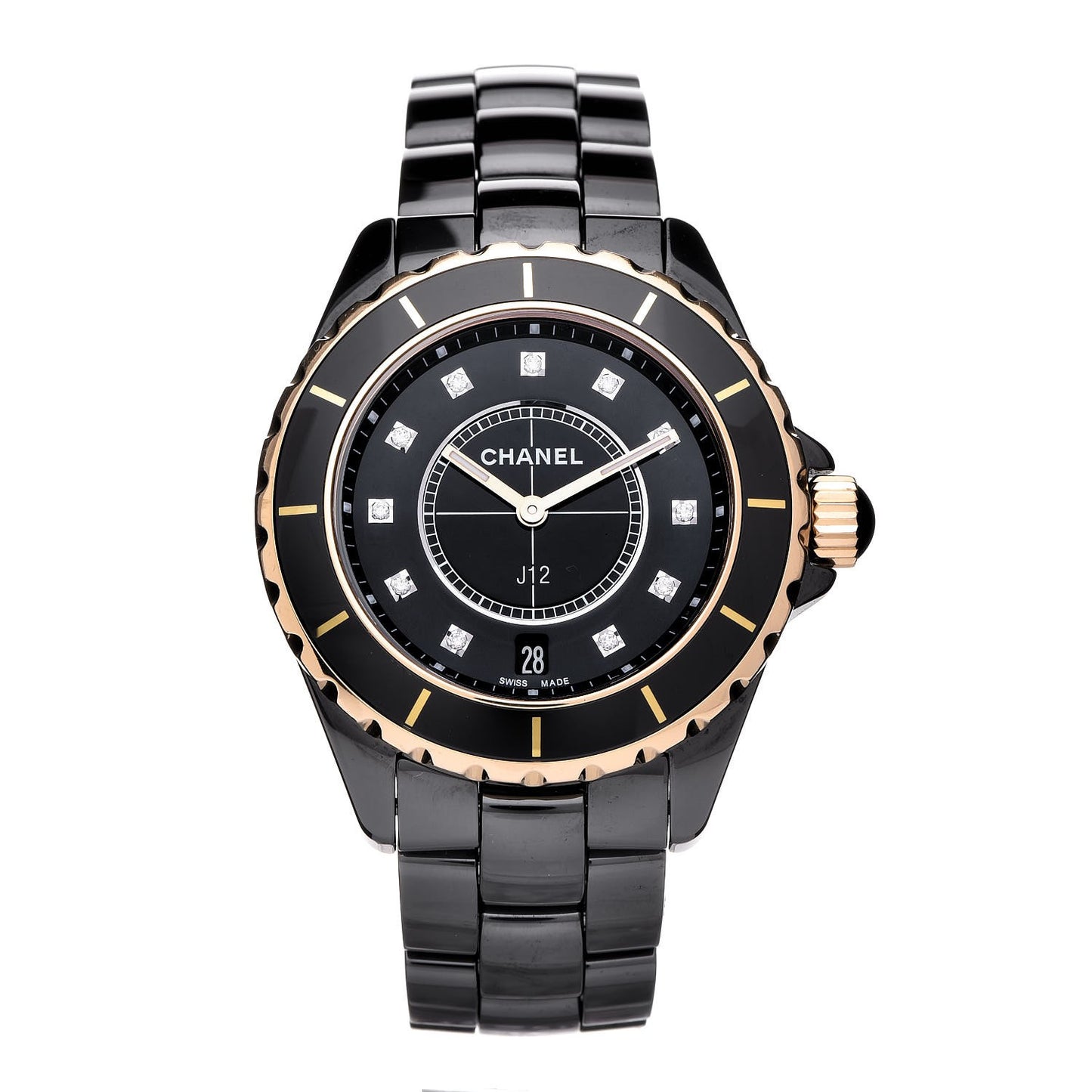 Stainless Steel 18K Yellow Gold Ceramic Diamond 38mm J12 Quartz Watch Black